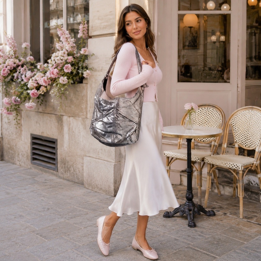 Bags by Pinky Vintage Metallic Silver Snakeskin Embossed Hobo Shoulder Bag